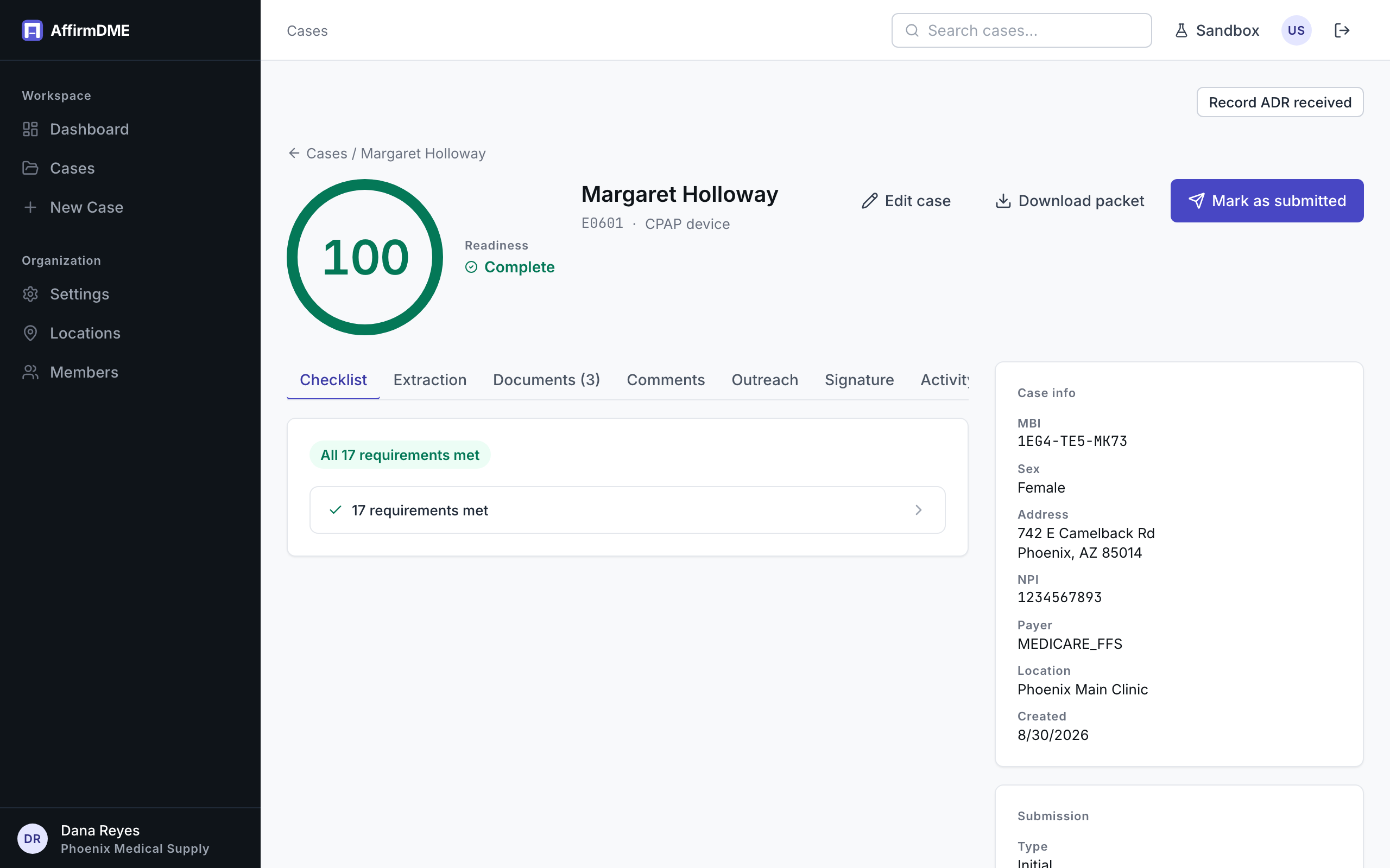 A completed case: readiness 100, all requirements met