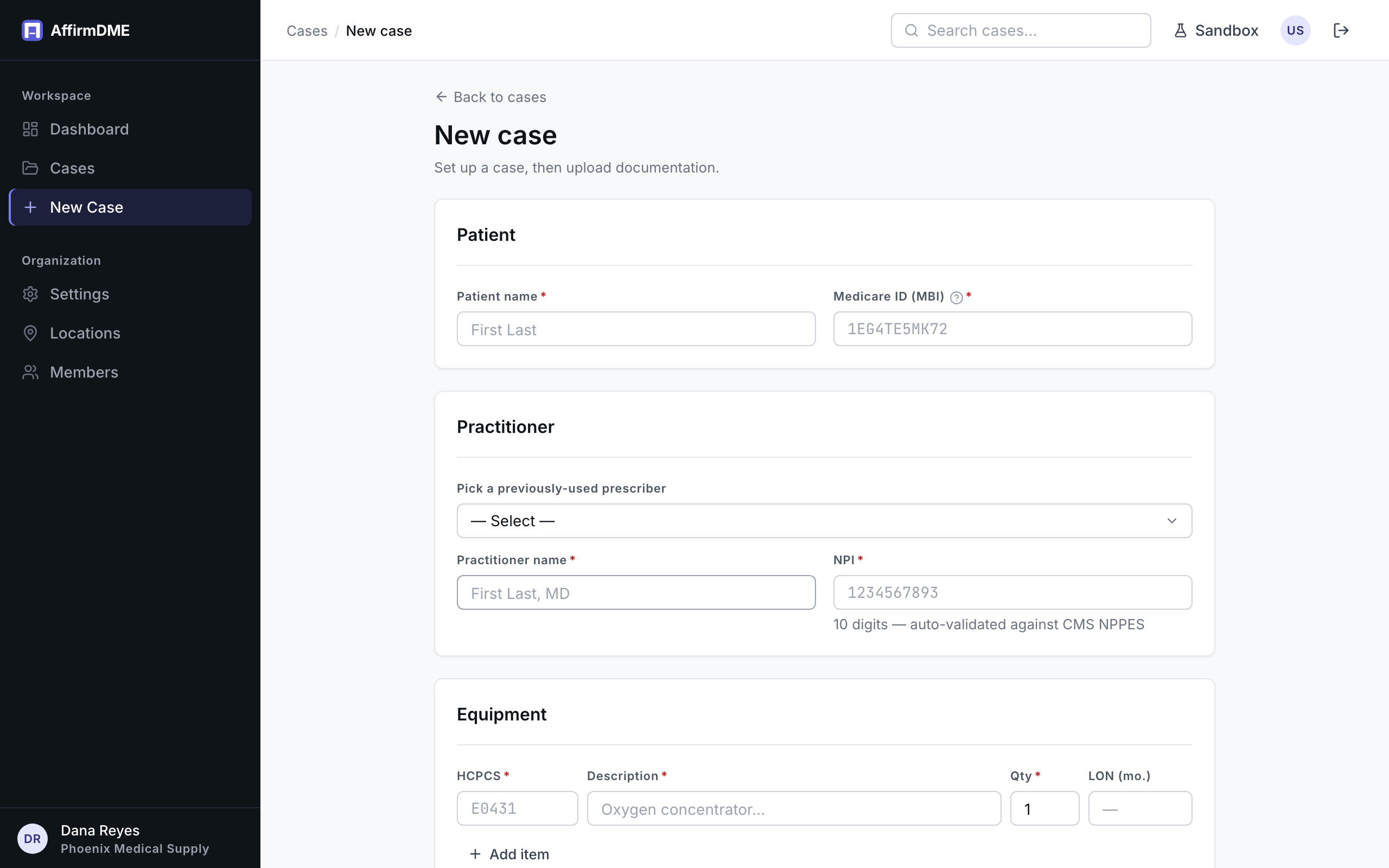 The New Case form: patient, practitioner, and equipment sections
