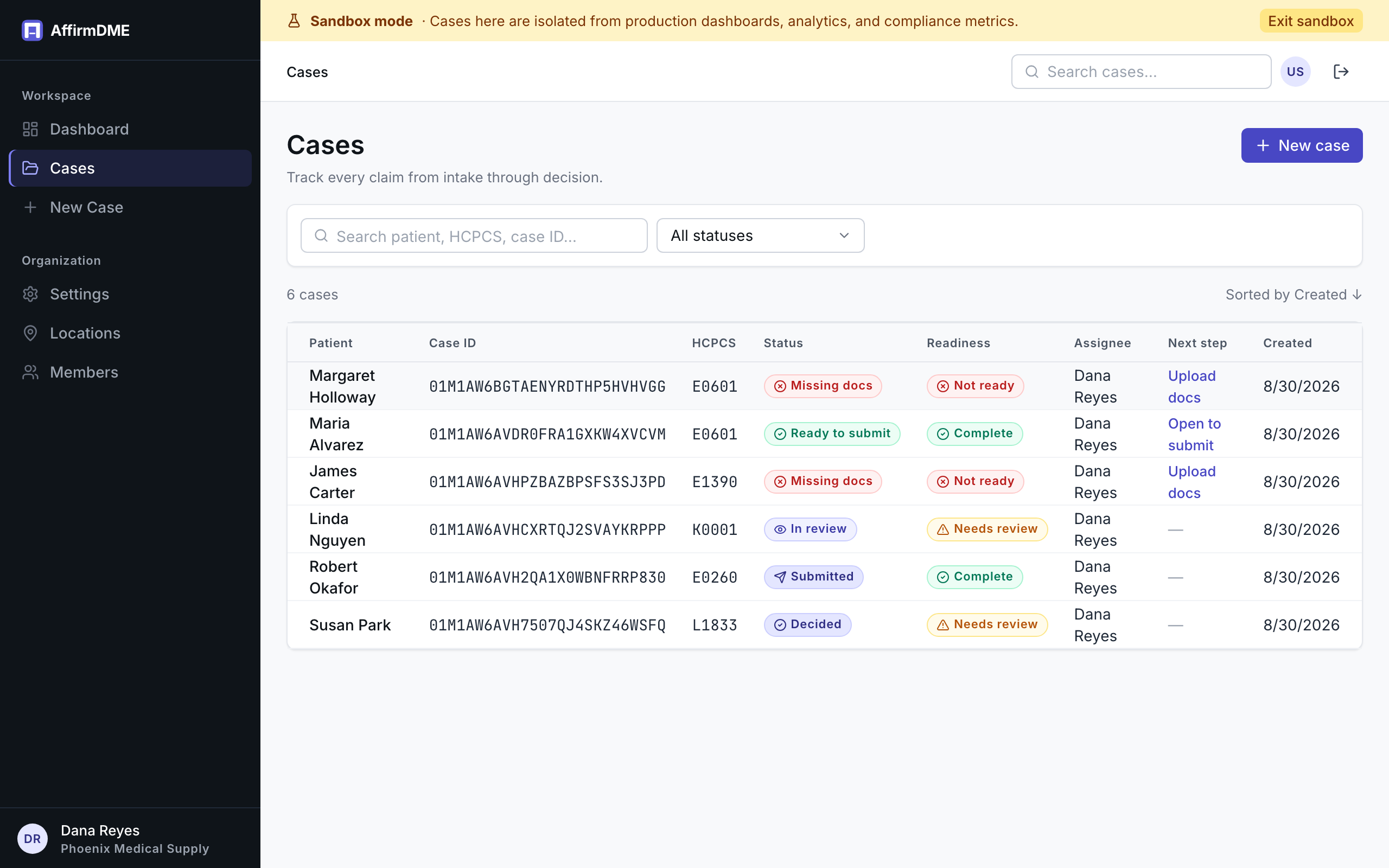 Sandbox mode: the banner and sample cases, fully isolated from production