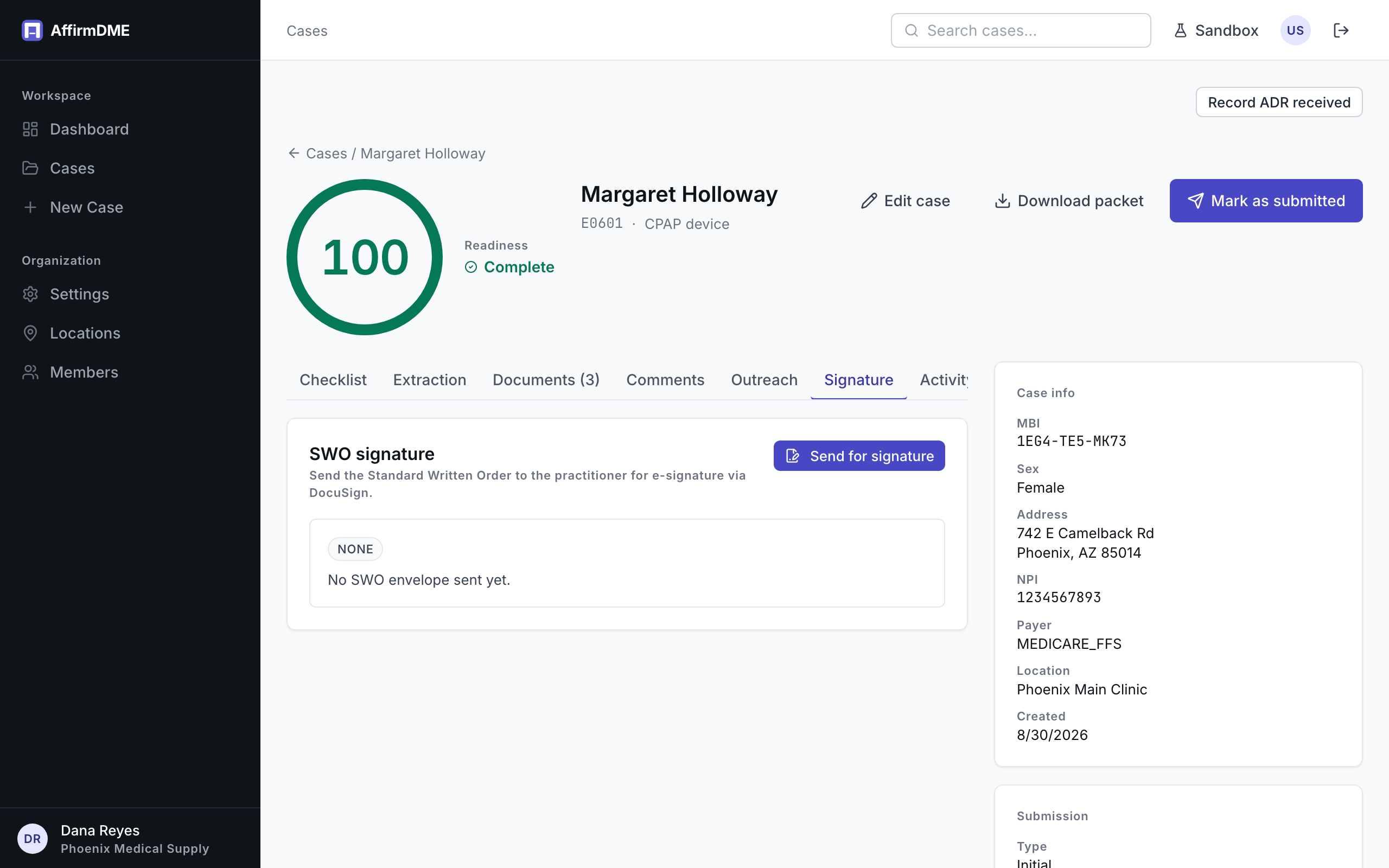 The Signature tab: send the Standard Written Order for e-signature