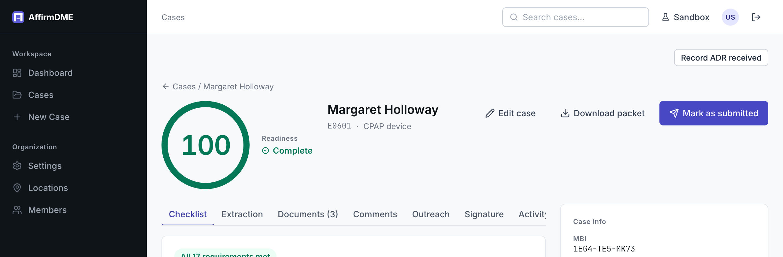 Case header: Download packet and Mark as submitted