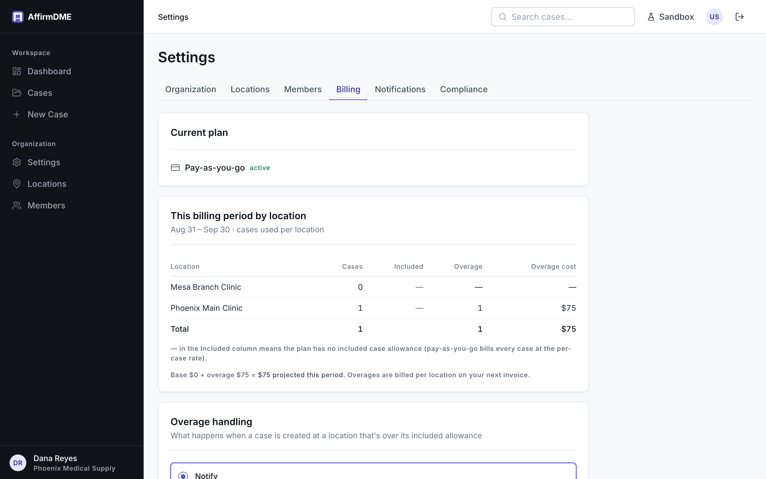The per-location usage table in Settings
